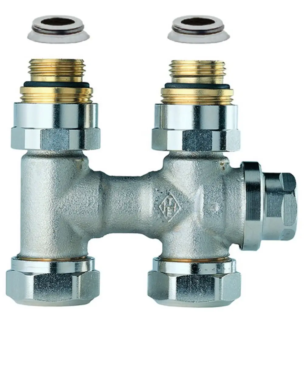 Verschraubung aus Metall von IMI Hydronic Engineering mit zwei Anschlüssen, geeignet für Rohrleitungen. Oben zwei Gummidichtungen sichtbar.